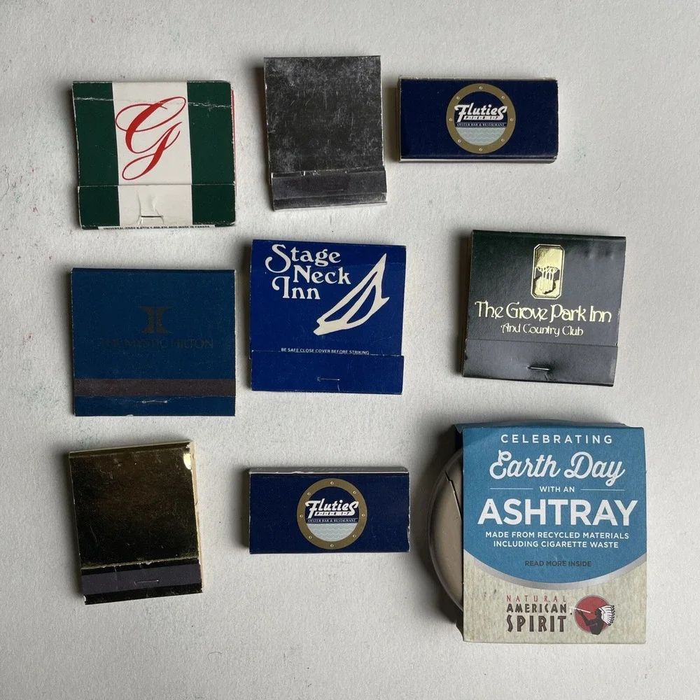 Lot of 8 Vintage Matchbooks & Amercian Spirit Earth Day Ashtray Natural recycled